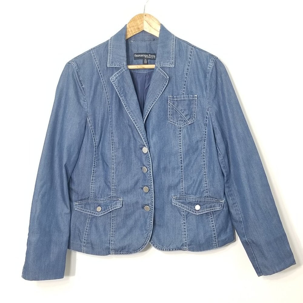 Conrad C Petite Denim Cotton Blend Jean Lined Button Front Casual Blazer Sz 10P